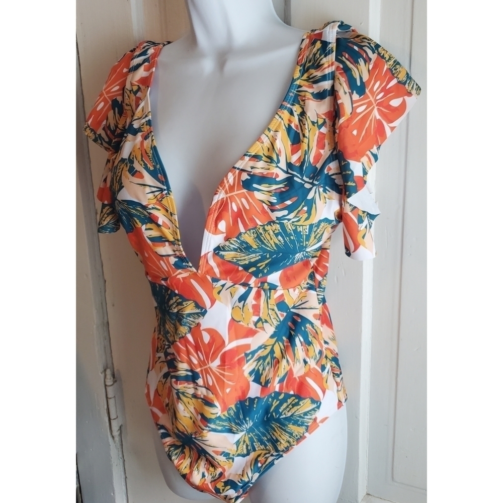 Binlowis Deep V Neck Flounce One Piece